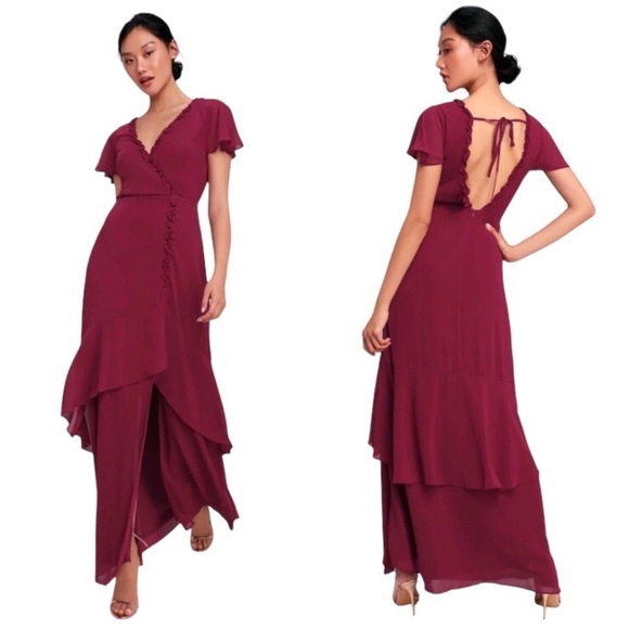 Lulu’s Pour the Champagne Burgundy Ruffled‎ Backless Maxi Dress Small - Picture 1 of 8